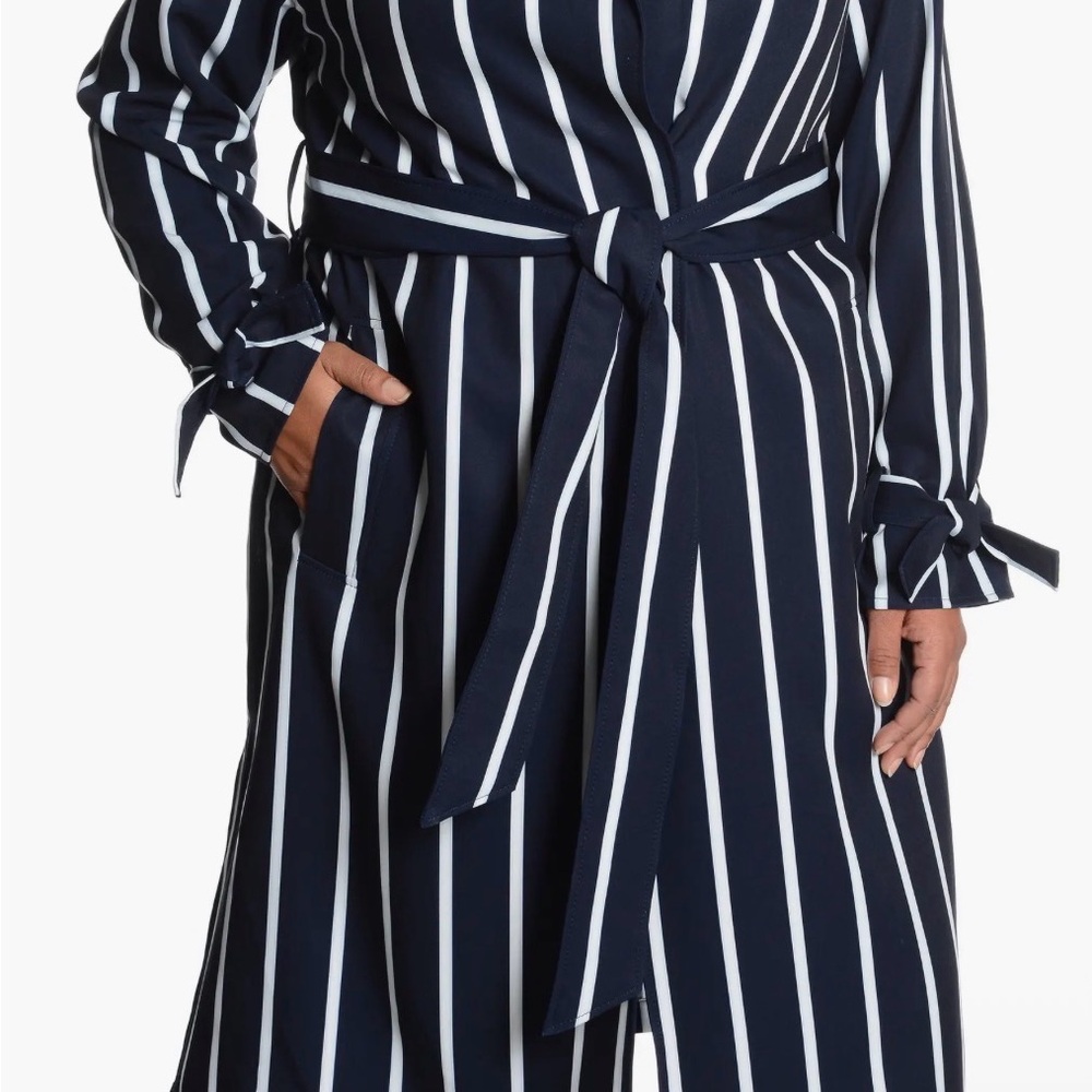RACHEL Rachel Roy Navy and White Striped Belted Tench Coat Size 1X